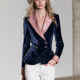 Retro-casual Elegant Jacket Featuring Velvet And PU Leather Paneling And Ruffle Details