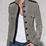 Military Chic Grey Faux Suede Jacket Women Leather Trim Stand Collar Fitted