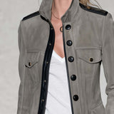 Military Chic Grey Faux Suede Jacket Women Leather Trim Stand Collar Fitted