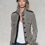 Military Chic Grey Faux Suede Jacket Women Leather Trim Stand Collar Fitted