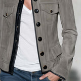 Military Chic Grey Faux Suede Jacket Women Leather Trim Stand Collar Fitted