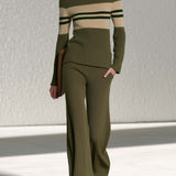 Preppy Olive Green Striped Boat Neck Sweater Wide Leg Pants Knit Set