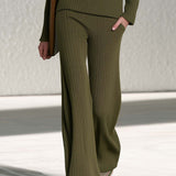 Preppy Olive Green Striped Boat Neck Sweater Wide Leg Pants Knit Set