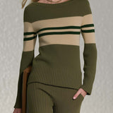 Preppy Olive Green Striped Boat Neck Sweater Wide Leg Pants Knit Set