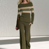 Preppy Olive Green Striped Boat Neck Sweater Wide Leg Pants Knit Set