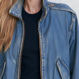 Retro Stand-up Collar Zipper Washed Denim Blue Bomber Jacket