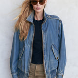 Retro Stand-up Collar Zipper Washed Denim Blue Bomber Jacket