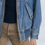 Retro Stand-up Collar Zipper Washed Denim Blue Bomber Jacket
