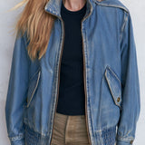 Retro Stand-up Collar Zipper Washed Denim Blue Bomber Jacket