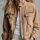 Classic Retro Brown Stand-up Collar Denim Jacket