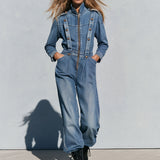 Vintage Washed Denim Blue Military Officer-style Bronze Button-down Collar Jumpsuit