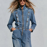 Vintage Washed Denim Blue Military Officer-style Bronze Button-down Collar Jumpsuit