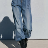 Vintage Washed Denim Blue Military Officer-style Bronze Button-down Collar Jumpsuit