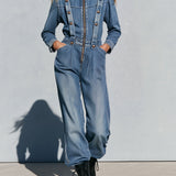 Vintage Washed Denim Blue Military Officer-style Bronze Button-down Collar Jumpsuit
