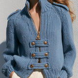 Exquisite Retro Stand-up Collar Zip-up Button Blue Knit Officer Jacket