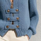 Exquisite Retro Stand-up Collar Zip-up Button Blue Knit Officer Jacket