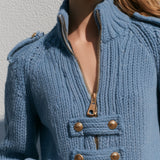 Exquisite Retro Stand-up Collar Zip-up Button Blue Knit Officer Jacket