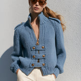 Exquisite Retro Stand-up Collar Zip-up Button Blue Knit Officer Jacket