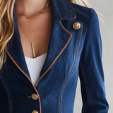 Slim Fit Women's Denim Blazer Gold Buttons Contrasting Trim