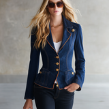 Slim Fit Women's Denim Blazer Gold Buttons Contrasting Trim