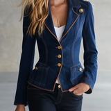 Slim Fit Women's Denim Blazer Gold Buttons Contrasting Trim