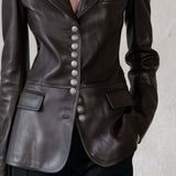 Equestrian Chocolate Brown Faux Leather Blazer Women Tailored Silver Button Fall Jacket