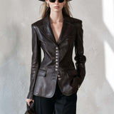 Equestrian Chocolate Brown Faux Leather Blazer Women Tailored Silver Button Fall Jacket