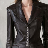 Equestrian Chocolate Brown Faux Leather Blazer Women Tailored Silver Button Fall Jacket