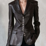 Equestrian Chocolate Brown Faux Leather Blazer Women Tailored Silver Button Fall Jacket