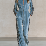 Retro-chic Zebra-print Velvet Drawstring Jumpsuit