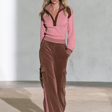 Retro-casual Elegant Set Featuring A Cotton Stand-collar Sweatshirt And Corduroy Wide-leg Trousers