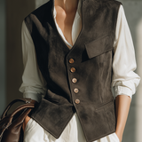 Women's Utility Pocket Button Front Brown Vest MDZ0108I7YZJ