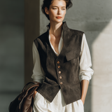 Women's Utility Pocket Button Front Brown Vest MDZ0108I7YZJ