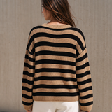Women's Striped Knit V Neck Beige Black Sweater MDZ0169I3YZJ