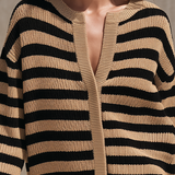 Women's Striped Knit V Neck Beige Black Sweater MDZ0169I3YZJ