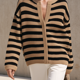 Women's Striped Knit V Neck Beige Black Sweater MDZ0169I3YZJ