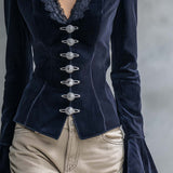 Victorian Navy Corduroy Jacket Women Lace Trim V-Neck Fitted Fall Blazer