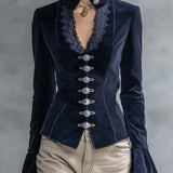 Victorian Navy Corduroy Jacket Women Lace Trim V-Neck Fitted Fall Blazer
