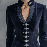 Victorian Navy Corduroy Jacket Women Lace Trim V-Neck Fitted Fall Blazer