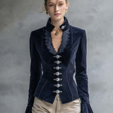 Victorian Navy Corduroy Jacket Women Lace Trim V-Neck Fitted Fall Blazer