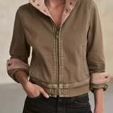 Brown Washed Bomber Jacket With Pink Contrast Collar