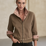 Brown Washed Bomber Jacket With Pink Contrast Collar