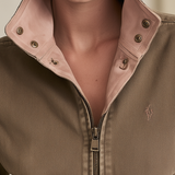 Brown Washed Bomber Jacket With Pink Contrast Collar