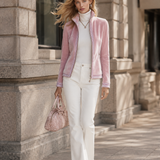 Elegant Striped Trim Pink Stand-collar Zip-front Velvet Jacket