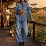 Vintage Washed Denim Blue Military Officer-style Bronze Button-down Collar Jumpsuit