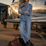 Vintage Washed Denim Blue Military Officer-style Bronze Button-down Collar Jumpsuit