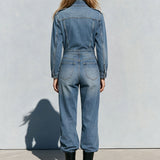 Vintage Washed Denim Blue Military Officer-style Bronze Button-down Collar Jumpsuit