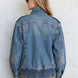 Retro Stand-up Collar Zipper Washed Denim Blue Bomber Jacket