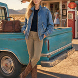 Retro Stand-up Collar Zipper Washed Denim Blue Bomber Jacket