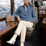 Exquisite Retro Stand-up Collar Zip-up Button Blue Knit Officer Jacket